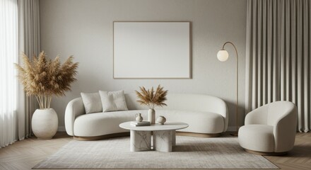 Fototapeta premium modern minimalist living room, neutral tones, beige and cream colors, textured wall art, white sofa, curved armchair, round coffee table, dried pampas grass arrangements, contemporary interior design,