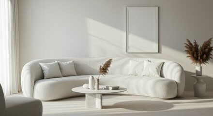 Minimalist living room, curved white sofa, abstract art, floor lamp, monochromatic palette, textured wall, dried pampas grass, soft lighting, modern design, cozy atmosphere, zen interior, clean lines,