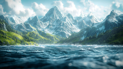 Majestic mountain peak reflecting on choppy blue lake water under dramatic cloudy sky in scenic wilderness landscape