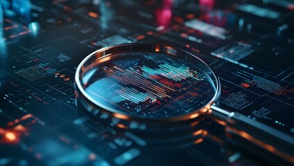 Magnifying glass on digital data analysis dashboard