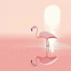 Fototapeta premium Elegant pink flamingo standing gracefully in shallow water at dawn