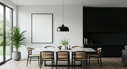 Modern minimalist dining room, Scandinavian design, black pendant lights, wooden dining table, black chairs, white walls, large white canvas, potted plant, black accent wall, hardwood floors, natural 