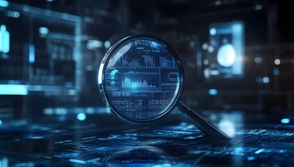 Data analysis with magnifying glass, digital interface