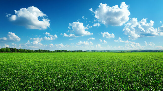 Green meadow with white fluffy clouds in bright blue sky, panoramic summer landscape with vivid horizon line and copy space