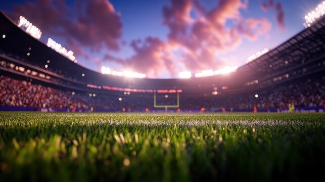 Electrifying Football Stadium Scene with Bright Floodlights and Energetic Crowd in 3D Rendering