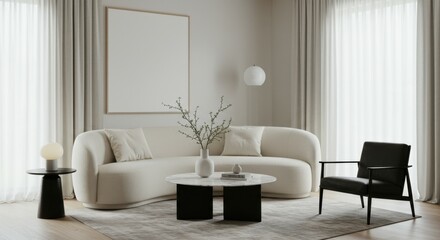 Minimalist living room, curved cream sofa, black accent chair, round white coffee table, spherical pendant light, white curtains, neutral color palette, modern interior design, clean lines, sculptural