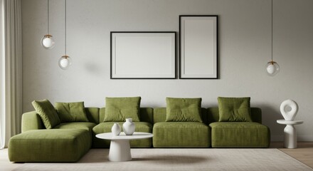 Fototapeta premium Modern living room interior, olive green sectional sofa, white brick wall, minimalist art frames, hanging pendant lights, round coffee table, neutral color palette, cozy ambiance, contemporary design,