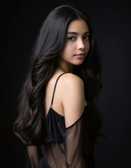 Naklejka premium Elegant woman with long wavy black hair wearing sheer black dress against dark background, looking over shoulder with confident expression