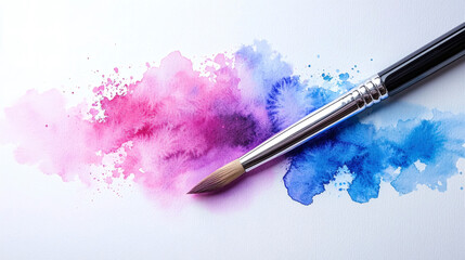 Fototapeta premium Artistic paintbrush blending vibrant pink and blue watercolor paint strokes on white textured creative surface art background