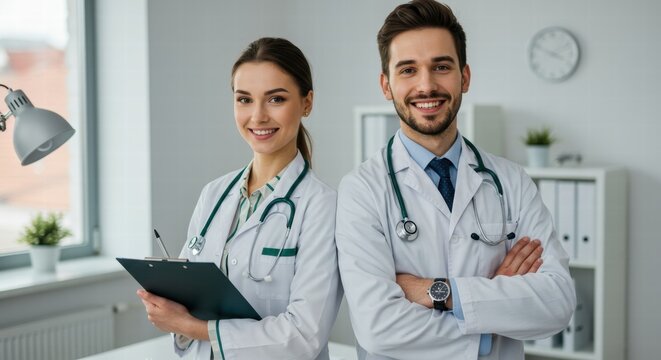 Photo of a pair of doctors posing for the camera and looking friendly