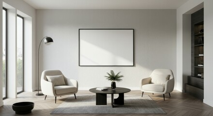 Minimalist living room, neutral tones, beige armchairs, round black coffee table, large framed artwork, potted plant, floor lamp, tall windows, natural light, hardwood floors, clean lines, modern inte