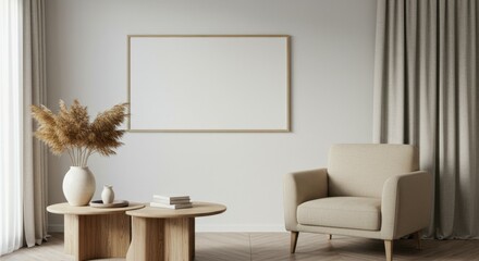 Minimalist living room, neutral tones, beige armchair, wooden round coffee tables, dried pampas grass arrangement, large empty picture frame, textured wall, floor-to-ceiling curtains, cozy interior de