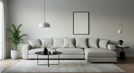 Modern minimalist living room, grey L-shaped sofa, white brick wall, black pendant lights, industrial bookshelf, potted palm plant, wooden coffee table, monochrome color scheme, natural light, cozy in
