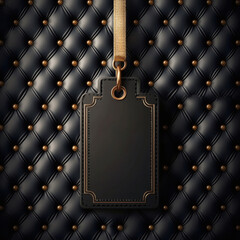 Black leather luggage tag hanging on dark luxury quilted background with golden snap hook and decorative studs