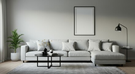 Modern minimalist living room, grey L-shaped sofa, white brick wall, black pendant lights, industrial bookshelf, potted palm plant, wooden coffee table, monochrome color scheme, natural light, cozy in