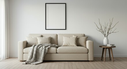 Minimalist living room, beige sofa, white walls, empty picture frame, side table with lamp, decorative branches, throw blanket, neutral tones, cozy interior, modern design, natural light, clean lines,