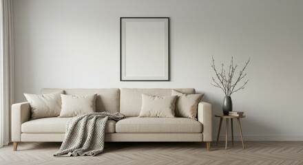 Minimalist living room, beige sofa, white walls, empty picture frame, side table with lamp, decorative branches, throw blanket, neutral tones, cozy interior, modern design, natural light, clean lines,
