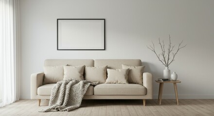 Minimalist living room, beige sofa, white walls, empty picture frame, side table with lamp, decorative branches, throw blanket, neutral tones, cozy interior, modern design, natural light, clean lines,