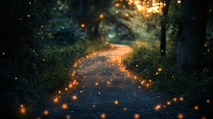 magical forest trail glowing lights nature path mystical woodland enchanted atmosphere landscape