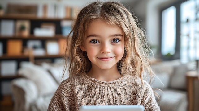 Isolated a white background A child holding an advanced digital device smiling with enthusiasm ready for learning in a futuristic tech enhanced classroom setting