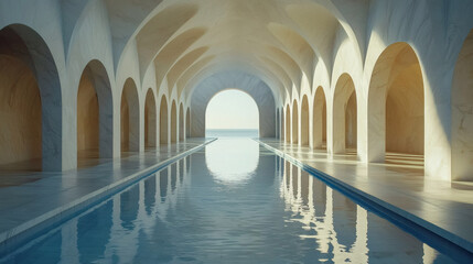 Swimming pool tunnel with arched hallway reflection in luxury spa resort water mirror