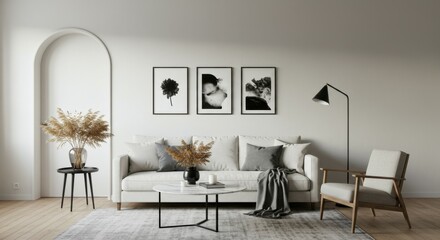 Modern minimalist living room, white walls, arched doorway, gray sofa, black and white framed art, dried pampas grass, floor lamp, coffee table, neutral color palette, Scandinavian design, natural lig