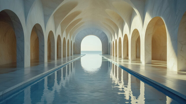 Fototapeta Swimming pool tunnel with arched hallway reflection in luxury spa resort water mirror