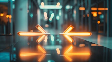 Two glowing arrows converging into one on a sleek glass table, symbolizing business merger, partnership, collaboration, and strategic alliance concepts.