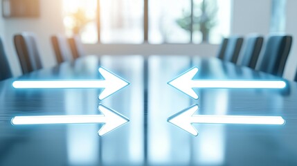 Two glowing arrows converging into one on a sleek glass table, symbolizing business merger, partnership, collaboration, and strategic alliance concepts.