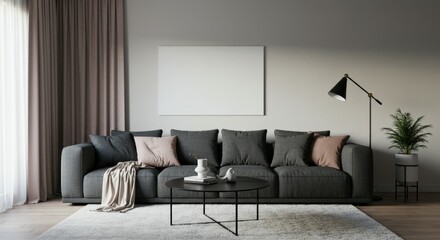 Modern living room, minimalist interior, gray sectional sofa, round coffee table, black floor lamp, neutral color palette, textured wall panels, sheer curtains, potted plant, cozy throw blanket, natur