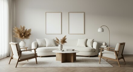 Minimal living room, neutral color palette, beige sofa, white brick wall, wooden coffee table, cream armchairs, arc floor lamp, dried pampas grass, empty picture frames, natural textures, Scandinavian