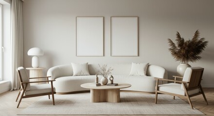 Minimalist living room, neutral color palette, beige sofa, wooden armchairs, round coffee table, white wall, empty picture frames, table lamp, dried pampas grass, natural light, Scandinavian design, c