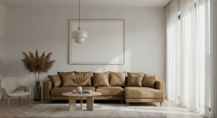 Cozy living room, neutral color palette, tan leather sofa, white brick wall, large empty frame, dried pampas grass decor, minimalist coffee table, wooden floor, soft lighting, Scandinavian design infl