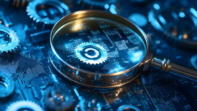 Magnifying glass on circuit board with gears, analyzing digital copyright