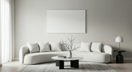 minimalist living room, curved white sofa, round black coffee table, arc floor lamp, large blank canvas, bare tree branches in vase, monochromatic palette, textured wall, modern interior design, clean