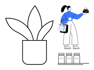 Woman holding a purse, carrying shopping bags, next to minimalist plant and three jars on shelf. Ideal for retail, lifestyle, shopping, minimalism, modern art consumerism fashion. Abstract line