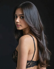Fototapeta premium Elegant woman with long dark hair wearing black lace lingerie posing against dark background looking over shoulder