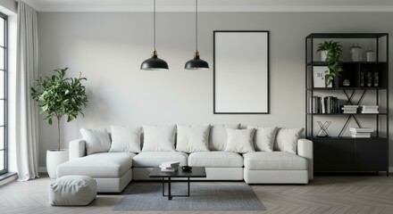 Minimalist living room, all-white interior, Scandinavian design, cozy sofa, wooden coffee table, large window, natural light, potted plant, framed artwork, clean lines, neutral tones, modern lamps, te