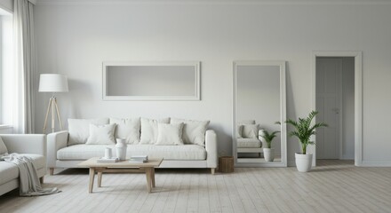 Fototapeta premium Minimalist living room, all-white interior, Scandinavian design, cozy sofa, wooden coffee table, large window, natural light, potted plant, framed artwork, clean lines, neutral tones, modern lamps, te