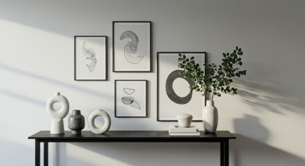 Fototapeta premium Modern interior decor, minimalist shelf styling, black metal shelving unit, white ceramic vases, potted plant, framed monochrome art prints, geometric shapes, neutral color palette, sculptural objects