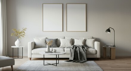 Modern living room, Scandinavian design, white sofa, black metal shelving unit, potted plants, minimalist decor, gray throw pillows, floor lamp, coffee table, framed artwork, neutral color palette, ha