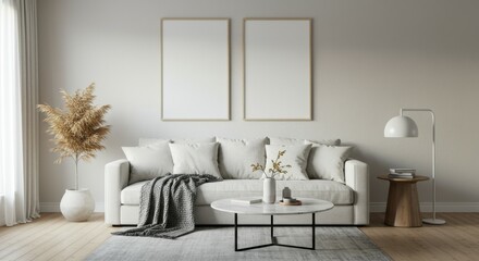 Modern living room, Scandinavian design, white sofa, black metal shelving unit, potted plants, minimalist decor, gray throw pillows, floor lamp, coffee table, framed artwork, neutral color palette, ha