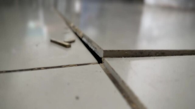 Ceramic tile reveal,separate from each other,wrap and break into piece,damaged and explored surface floor.