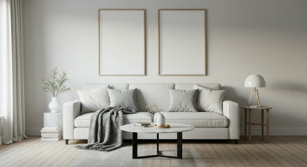 Modern living room, Scandinavian design, white sofa, black metal shelving unit, potted plants, minimalist decor, gray throw pillows, floor lamp, coffee table, framed artwork, neutral color palette, ha