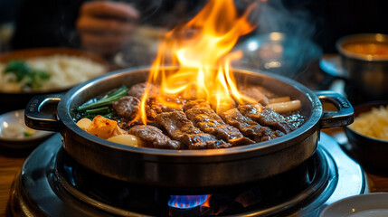 Fototapeta premium Delicious Flaming Korean BBQ Beef Bulgogi Hot Pot Dinner Meal Eat Food Meat Fire Grill Asian Spicy 