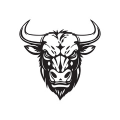 Fototapeta premium Vector of black and white bull head with fierce eyes and sharp horns. Perfect for logos, branding, and designs. Wildlife Animals.