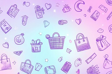 A colorful background filled with hand-drawn shopping bags, gift boxes, and accessories. Perfect for themes related to shopping, gifts, and festive occasions.