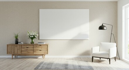 Minimalist living room, modern interior design, white armchair, wooden sideboard, large white canvas art, floor lamp, vase with white flowers, hardwood floors, natural light, beige walls, uncluttered 