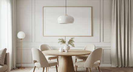 Minimalist dining room, round wooden table, beige upholstered chairs, white brick wall, pendant light, floor lamp, potted plant, empty frame, neutral tones, soft lighting, modern Scandinavian design, 