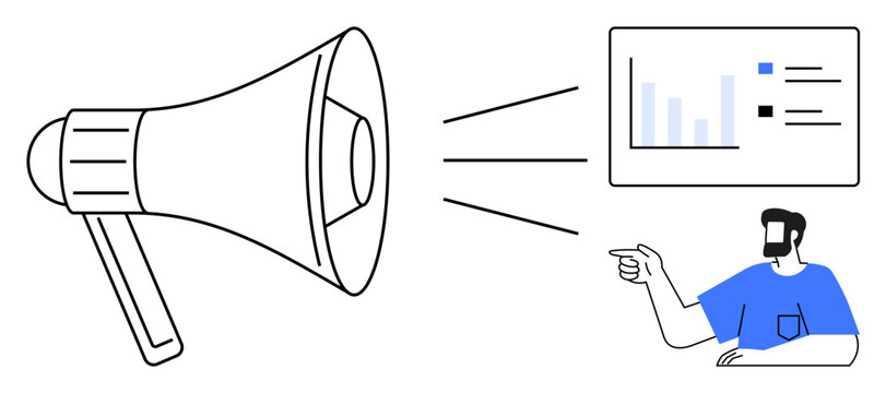Megaphone projecting data chart, man pointing at chart. Ideal for marketing, data presentation, education, business strategy, communication, announcements public speaking. Blue and black colors